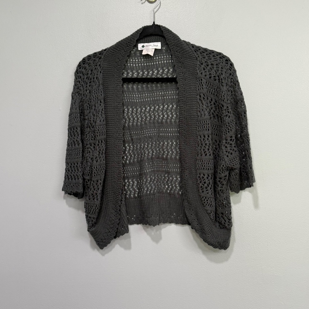 Earth Song Womens 1X Charcoal Gray Crochet Pointelle Open Front Cardigan Shrug
